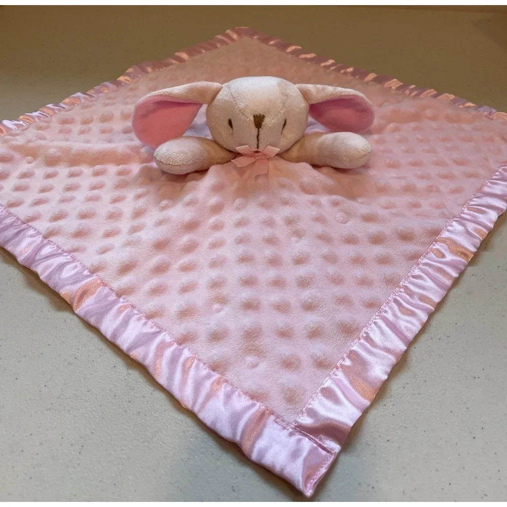 Pink Minky Dot & Satin Bunny Rabbit Security Blanket/Lovey